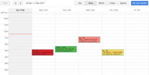 My weekly content calendar on Google, with colour-coded items 