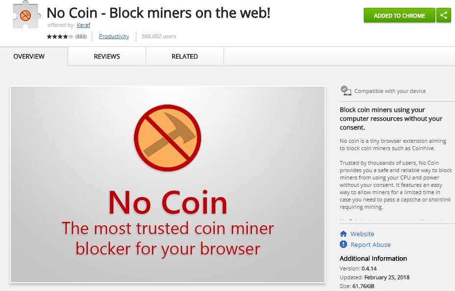 No Coin is a browser extension to block scripts that steal your device's power to mine for cryptocurrencies