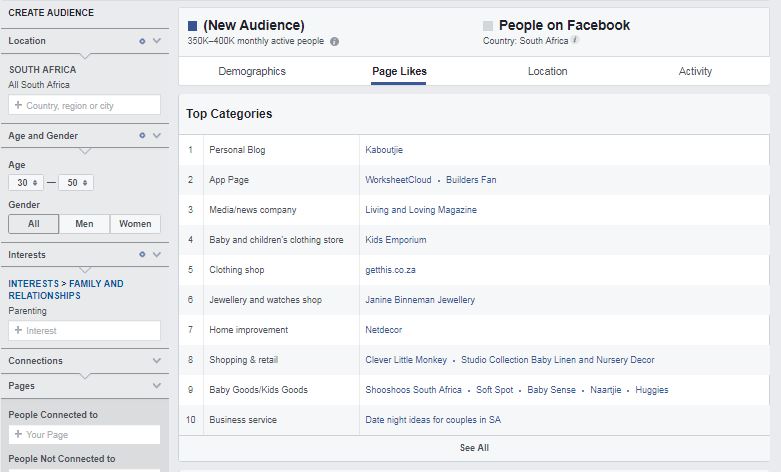 Screenshot of Facebook's audience insights