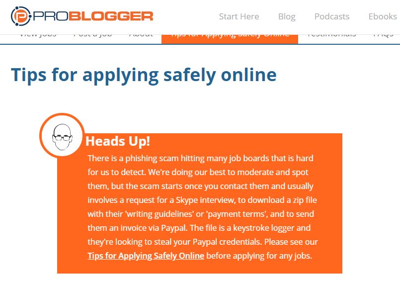 Warning against scam on ProBlogger website